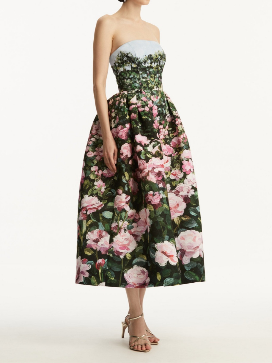 Rose Print Strapless Gown Dress