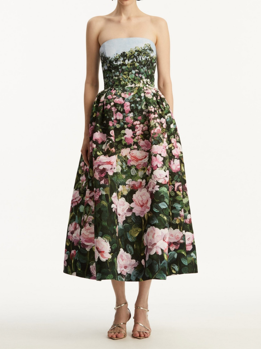 Rose Print Strapless Gown Dress