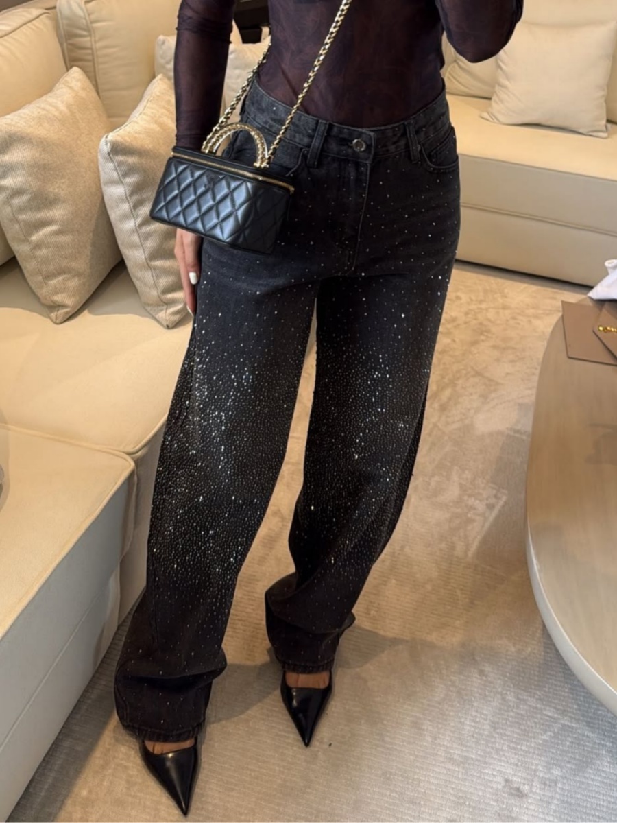 Rhinestone High Rise Casual Pocket Straight Loose Jeans