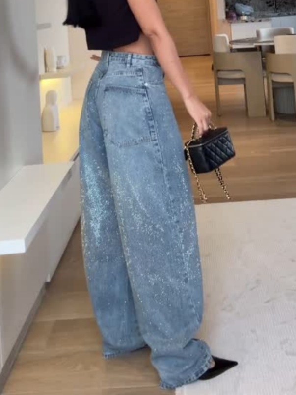 Rhinestone High Rise Casual Pocket Straight Loose Jeans