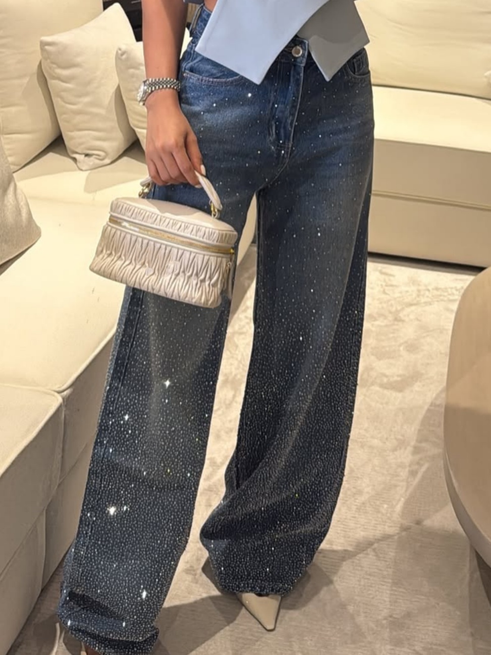 Rhinestone High Rise Casual Pocket Straight Loose Jeans