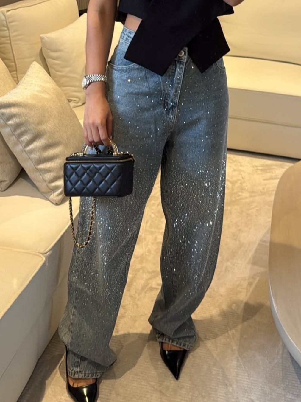 Rhinestone High Rise Casual Pocket Straight Loose Jeans