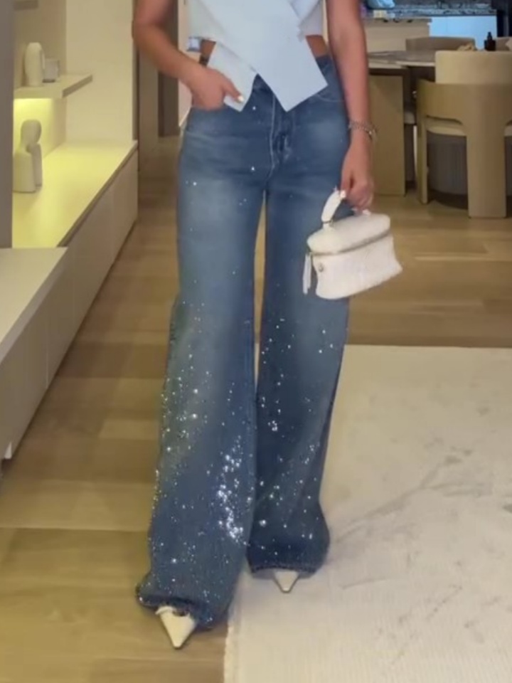 Rhinestone High Rise Casual Pocket Straight Loose Jeans