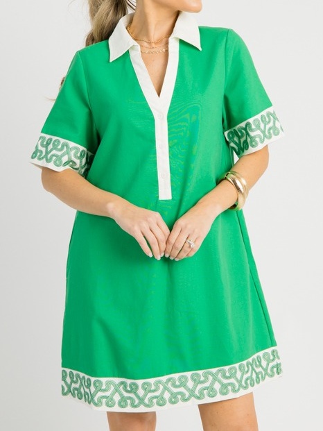 V-neck Embroidered Casual Dress