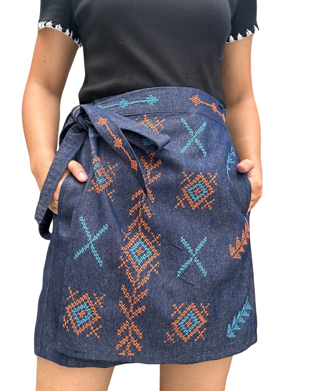 Linen Embroidered Wrap Skirt Shorts