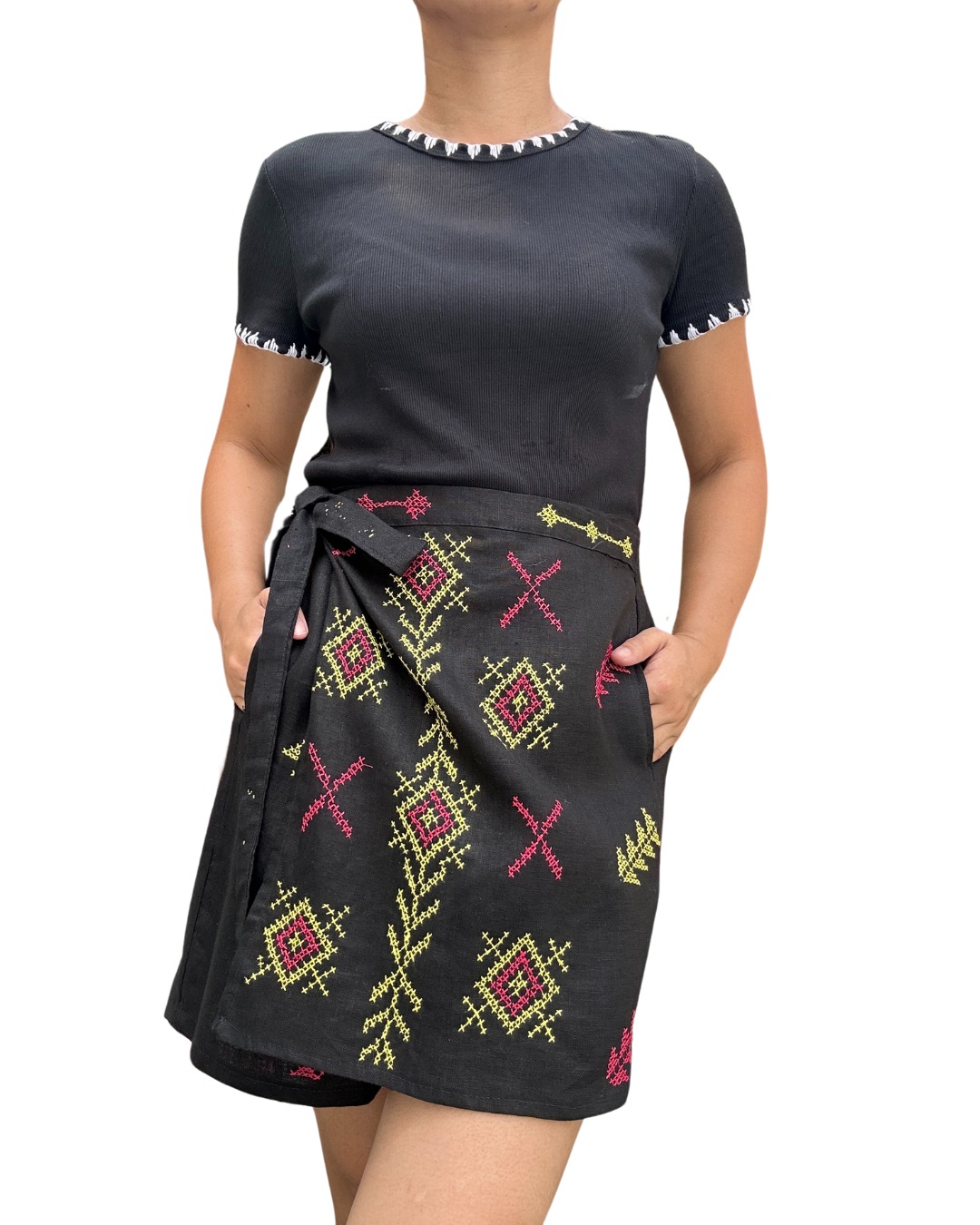 Linen Embroidered Wrap Skirt Shorts