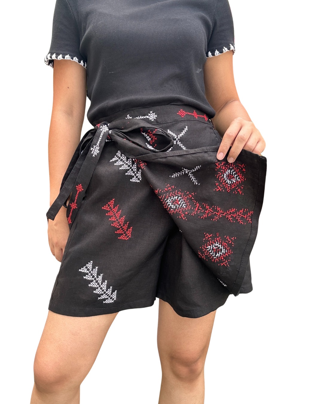 Linen Embroidered Wrap Skirt Shorts