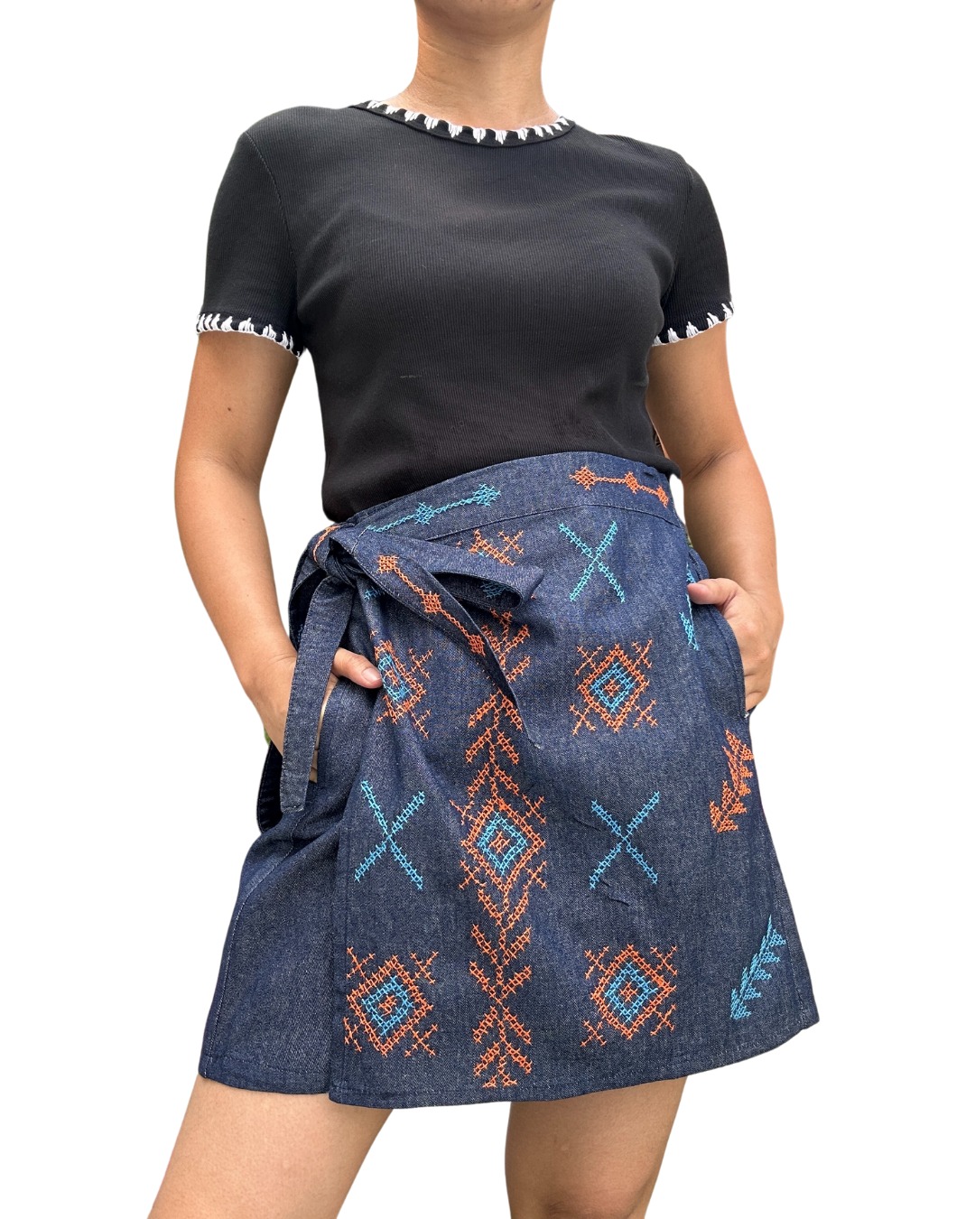 Linen Embroidered Wrap Skirt Shorts