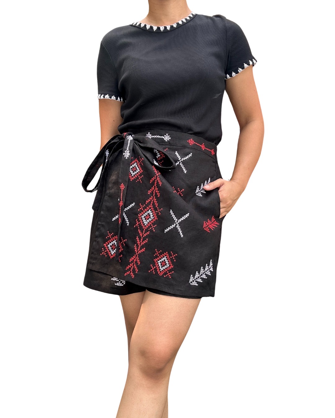 Linen Embroidered Wrap Skirt Shorts