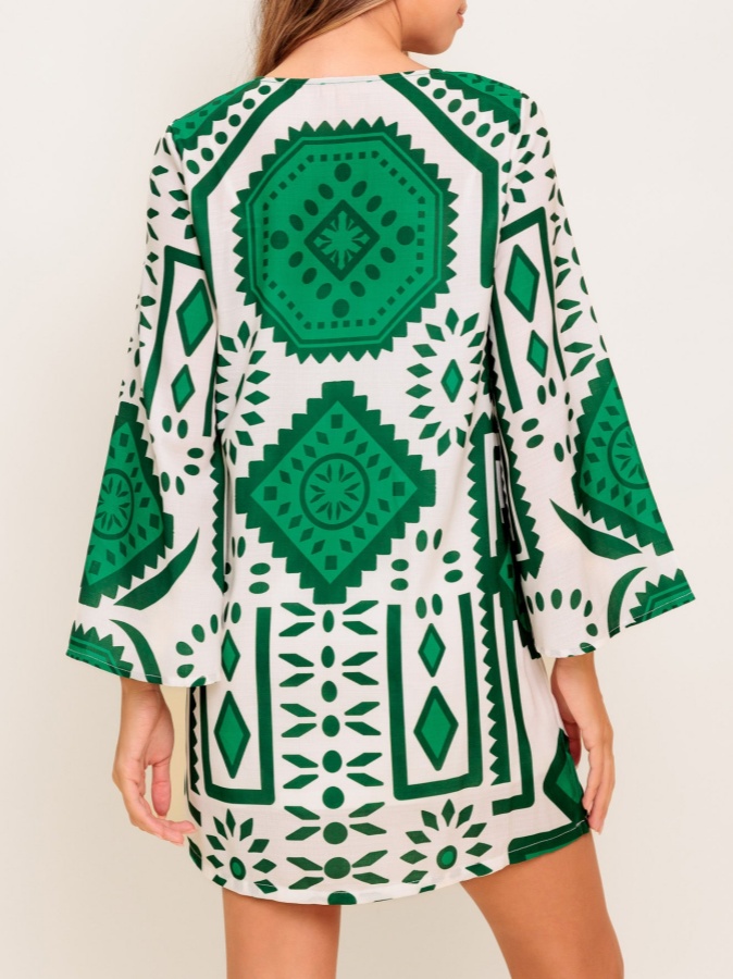 Bell Sleeve Printed Woven Mini Dress