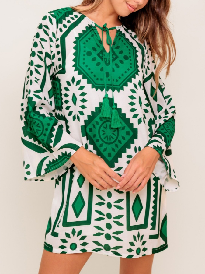 Bell Sleeve Printed Woven Mini Dress