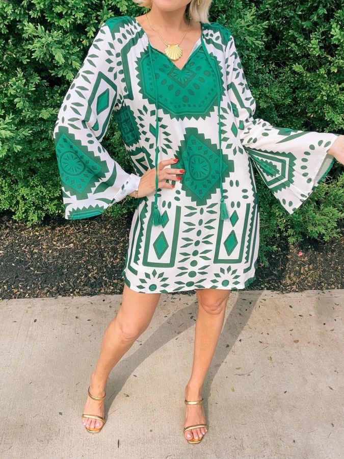 Bell Sleeve Printed Woven Mini Dress