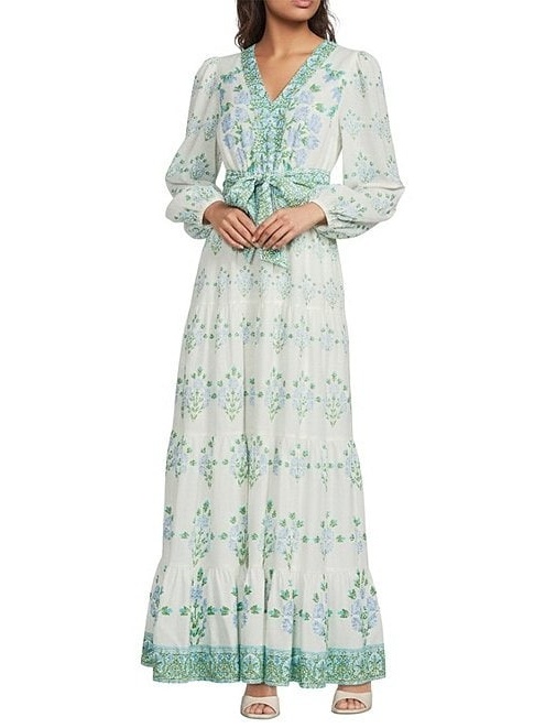 Deep V-Neck Long Bubble Sleeve Tiered A-Line Maxi Dress