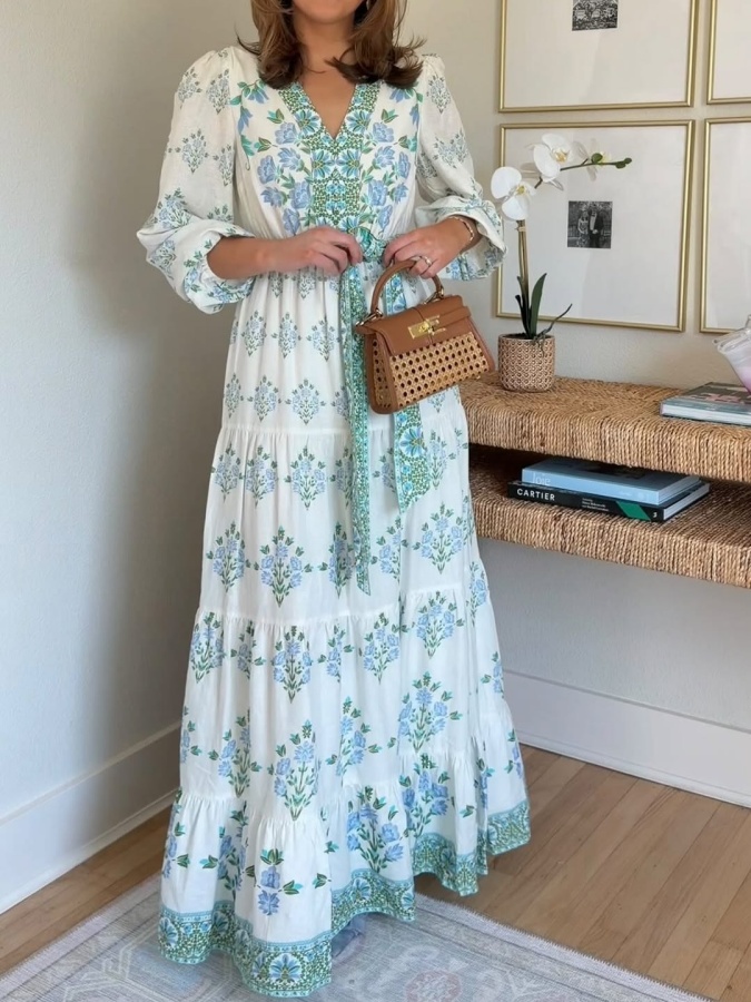 Deep V-Neck Long Bubble Sleeve Tiered A-Line Maxi Dress