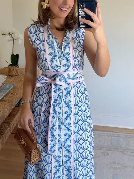 Sleeveless Tulip Print Maxi Dress With Belt