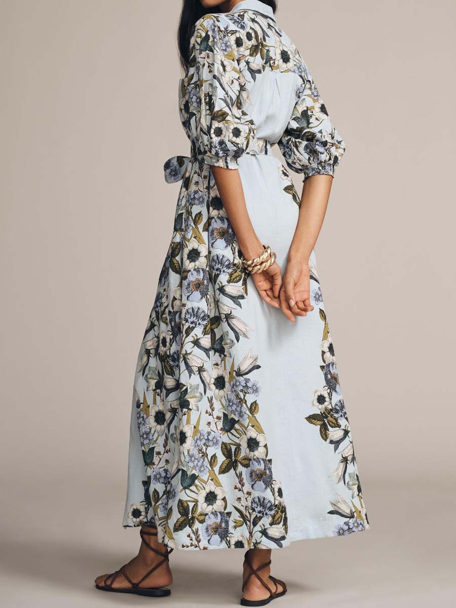 Printed Button Up Long Sleeve Maxi Dress
