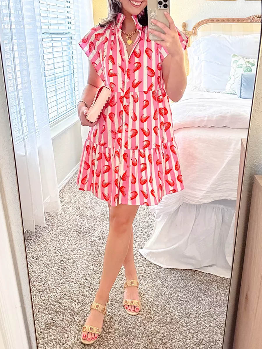 Flutter Sleeve Ruffled Collar Printed Dress