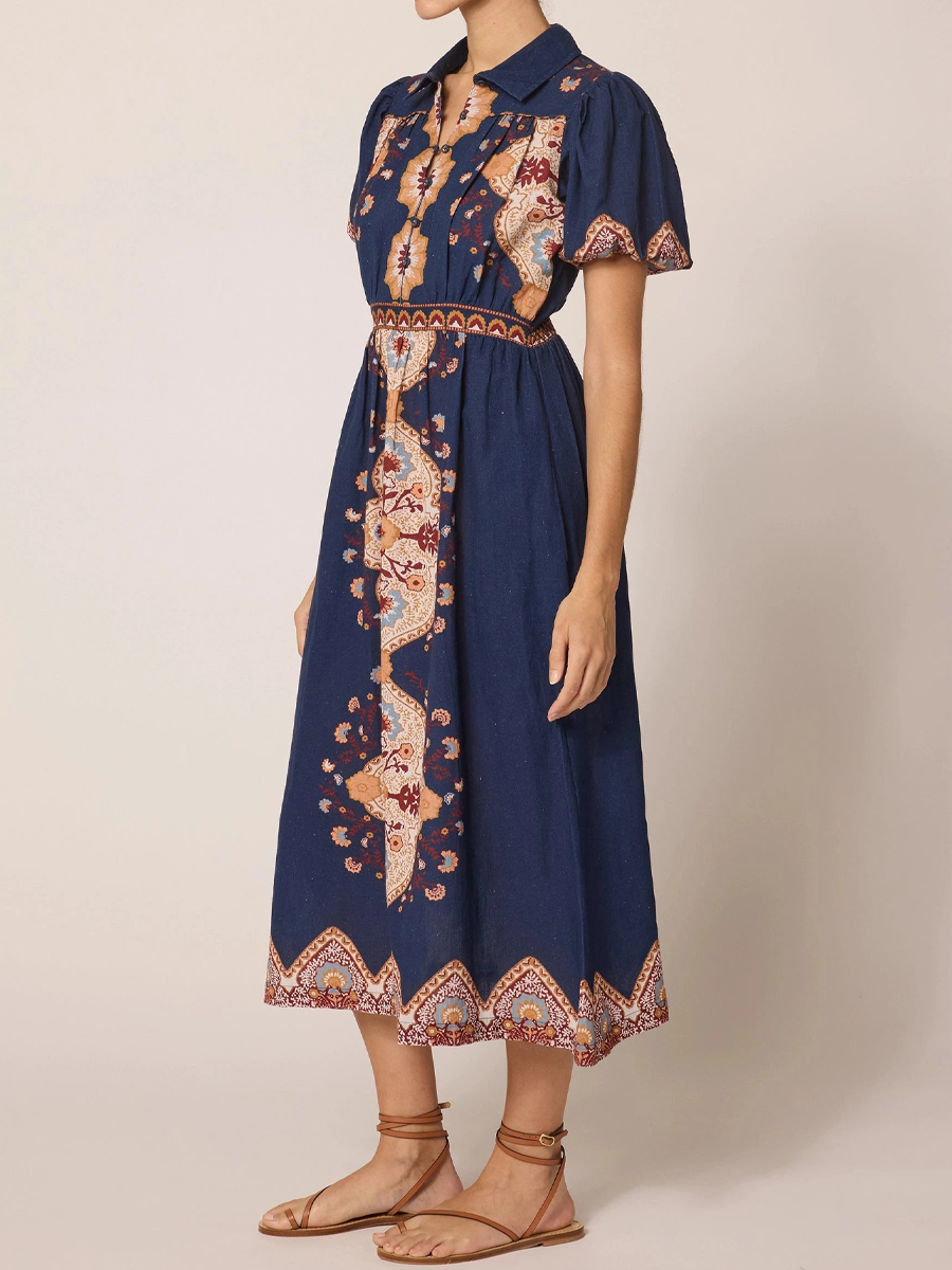 Printed Short Sleeve Midi Dress