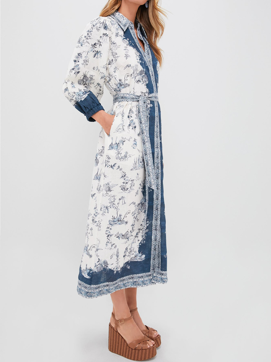 Floral Printed Puffed Sleeve Belted Dress