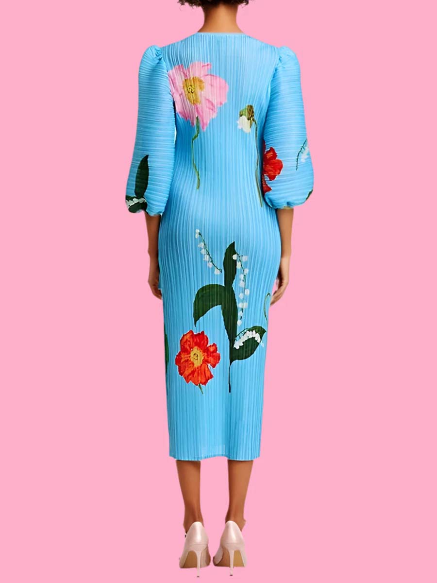 Floral Print Crinkled Puff Sleeve Dress