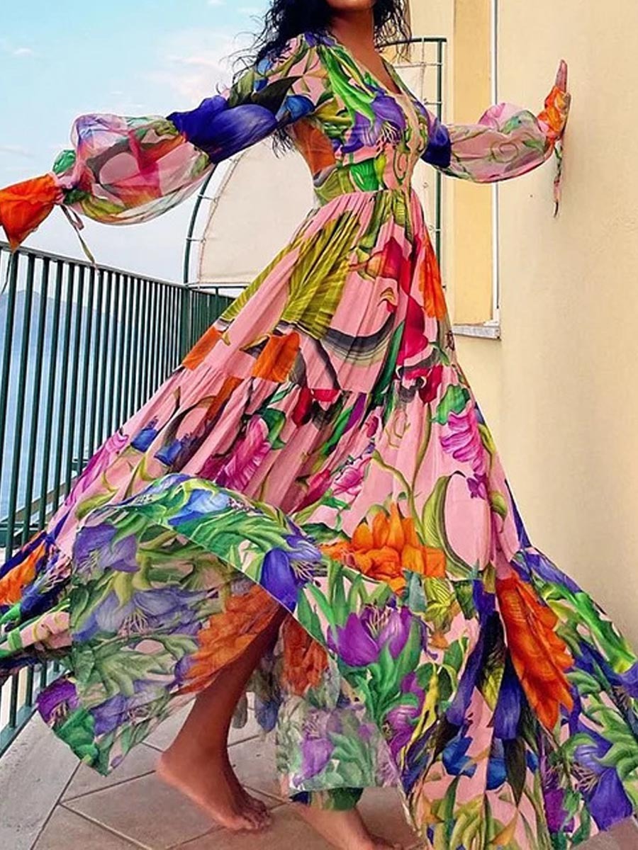 Deep V-neck Lantern Sleeve Seaside Holiday Printed One-piece Swimsuit Suit