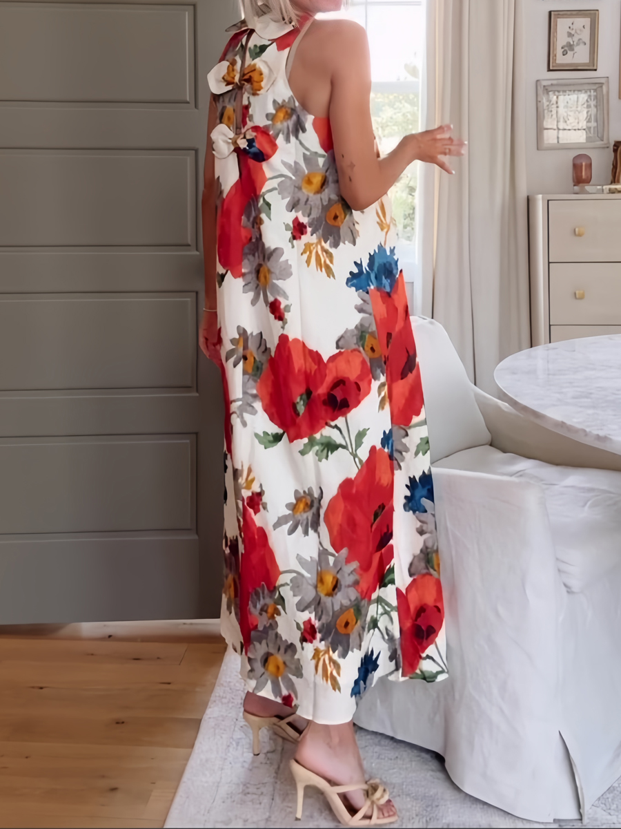 Sleeveless Bow Detail Printed Maxi Dress