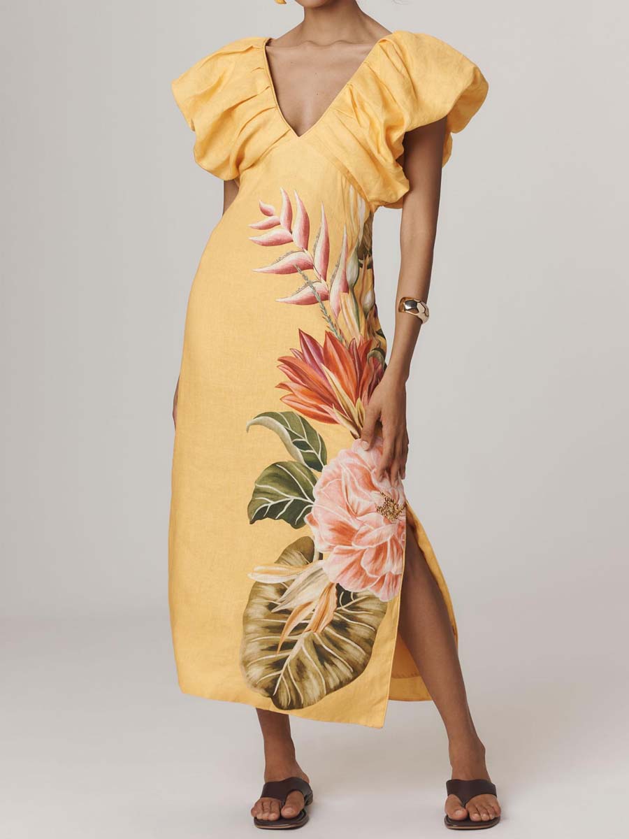 Printed V-neck Short Bubble Sleeve Dress