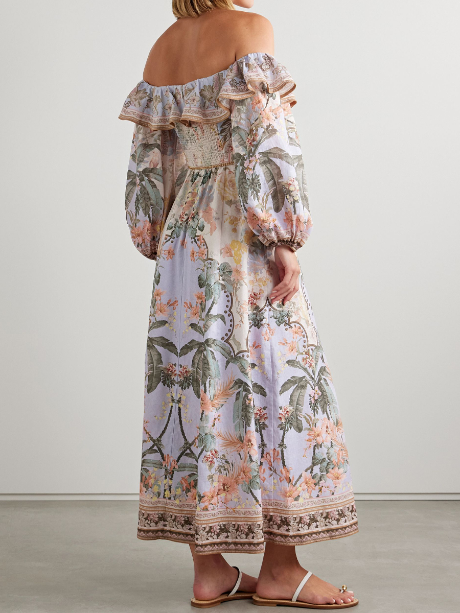 Off Shoulder Placement Print Lantern Sleeve Dress