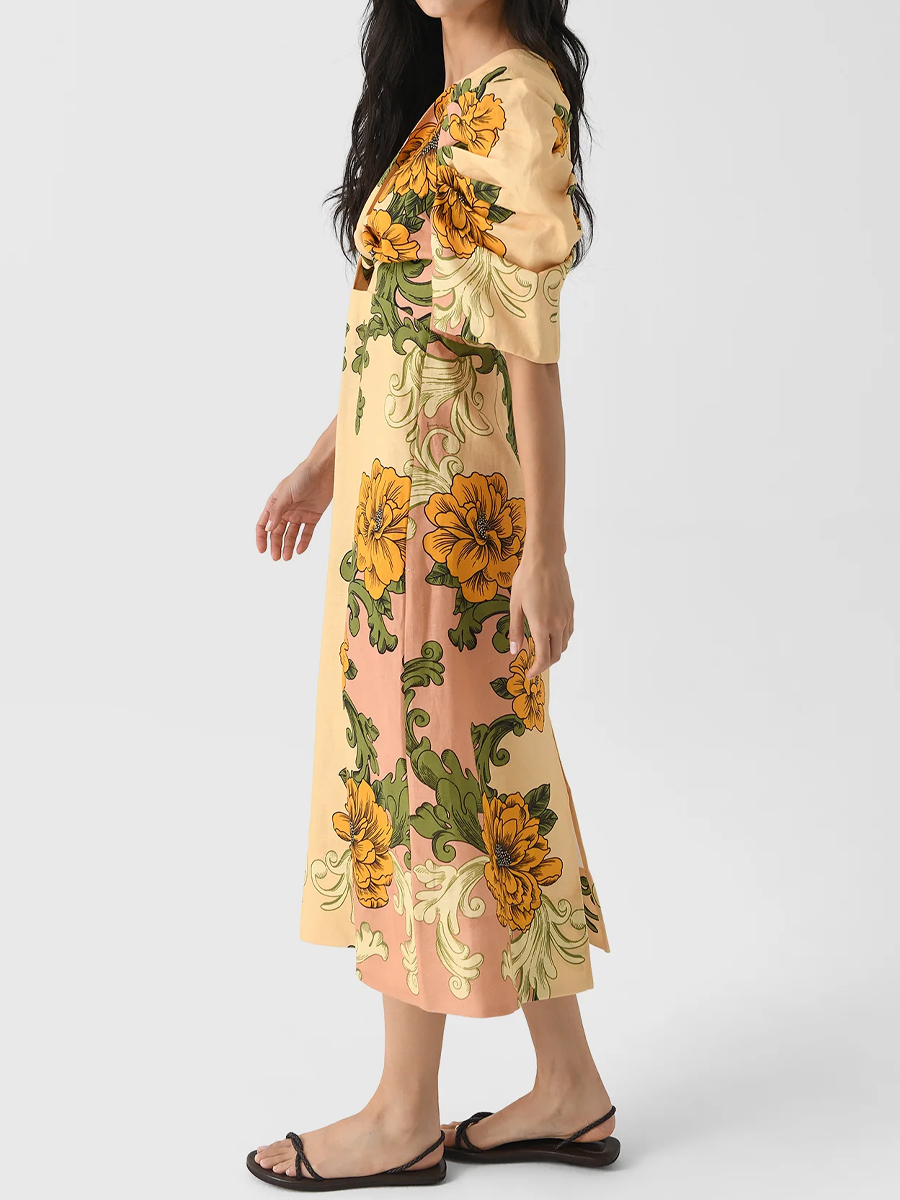Knotted Printed Short Sleeve Midi Dress
