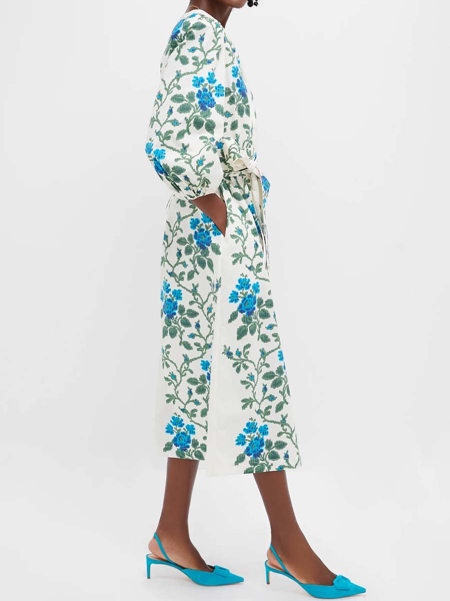 Printed V Neck Puff Sleeve Dress