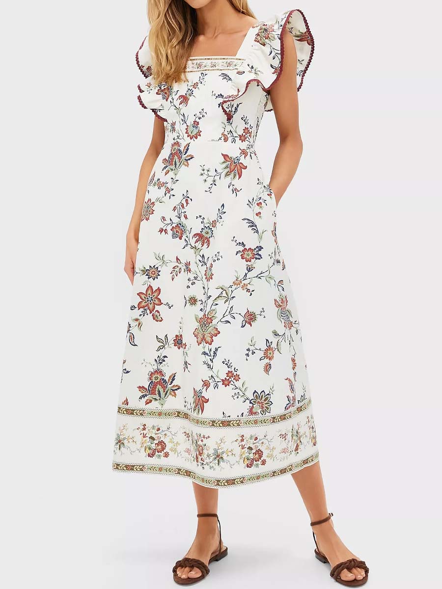 Flutter Sleeve Square Neck Printed Dress