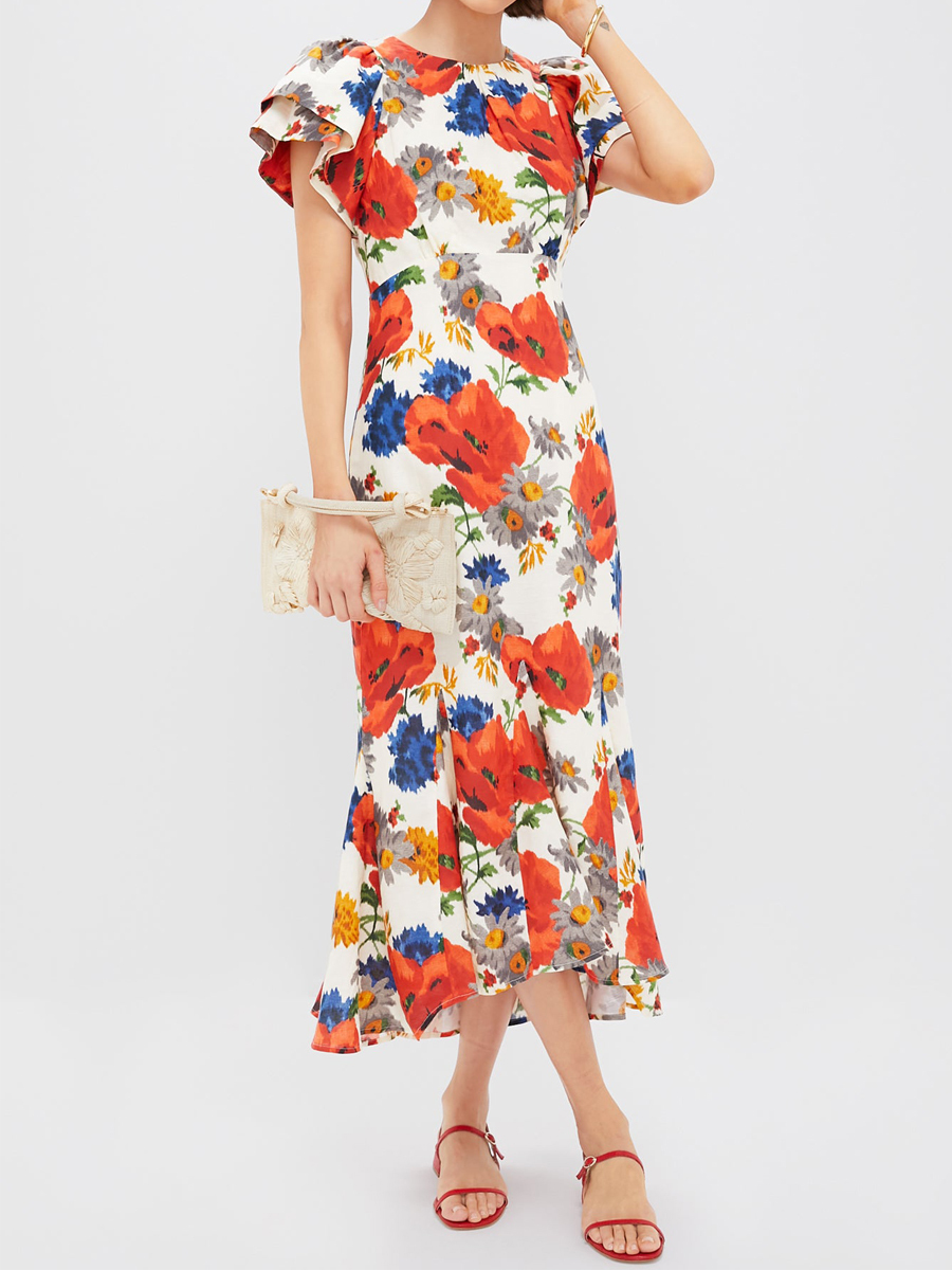 Printed Ruffled Sleeve High-low Hem Dress