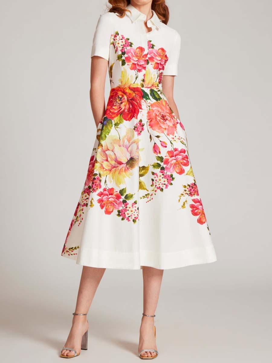 Floral Border Print Shirt Midi Dress