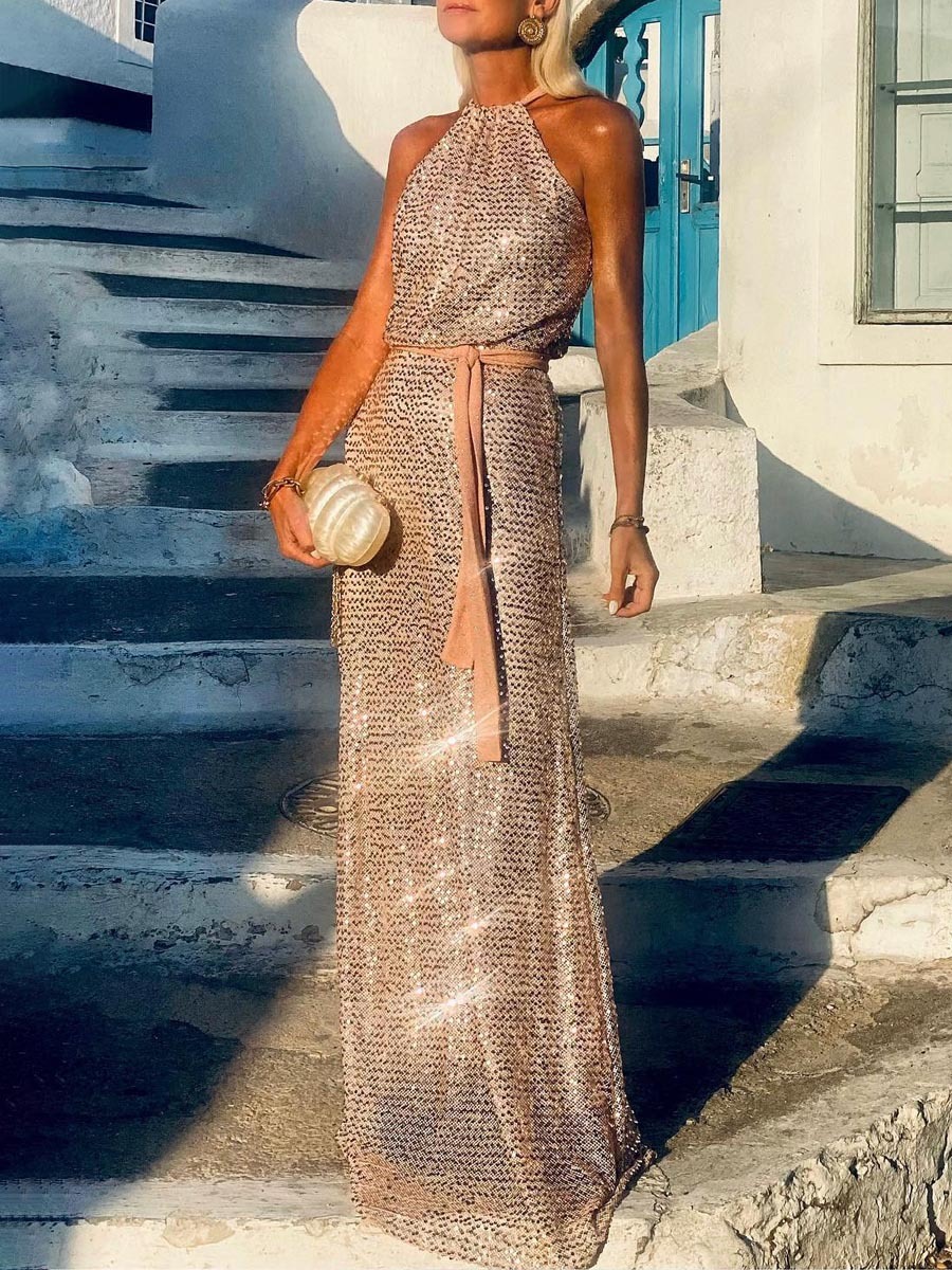 Halter Neck Sequin Party Maxi Dress