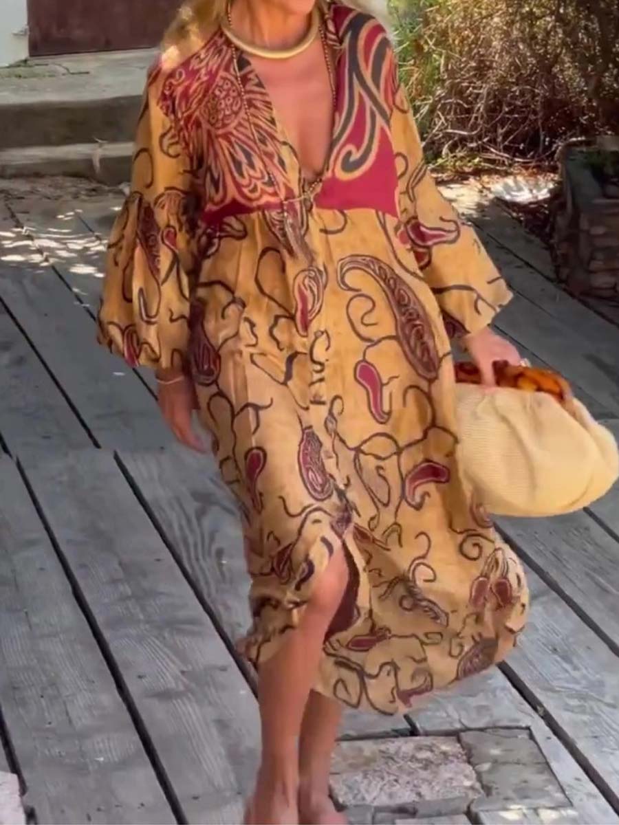 V-neck Fashion Printed Long Sleeve Loose Dress