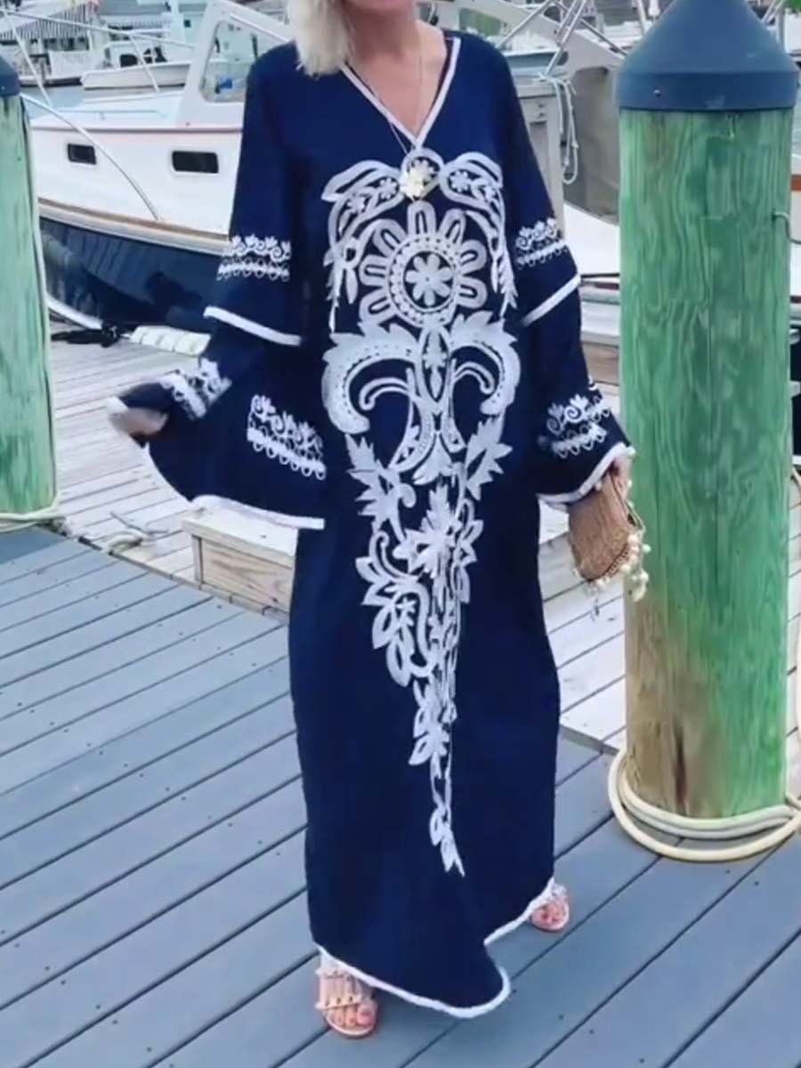Embroidered V Neck Loose Maxi Dress