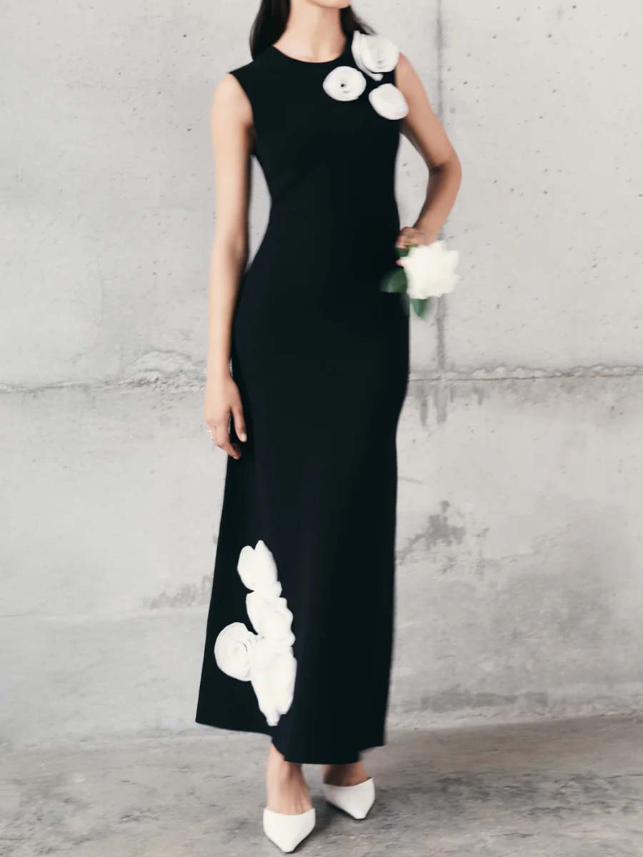 3D Flower Sleeveless Maxi Dress