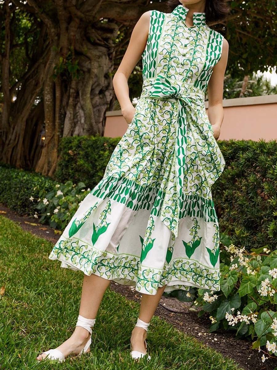 Sleeveless Placement Print Belted Dress