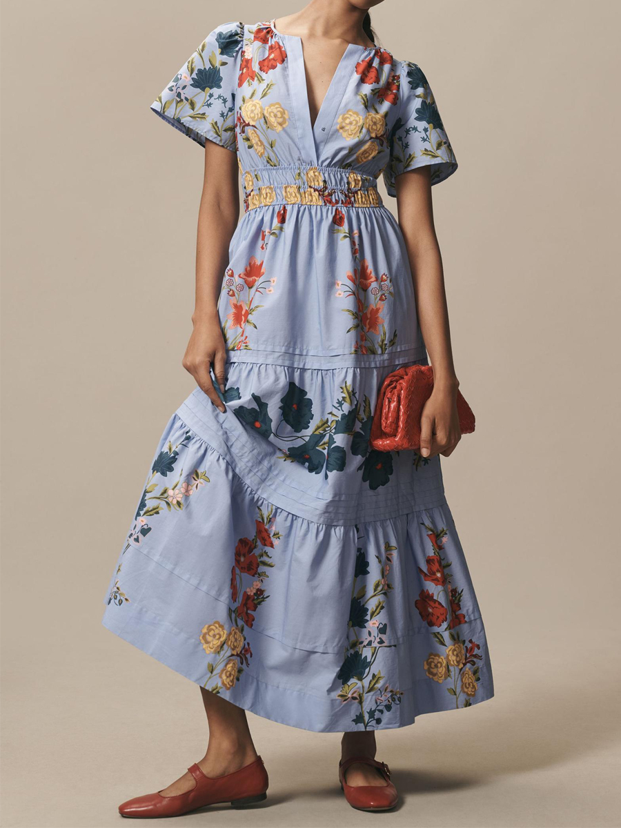 Elegant V-neck Smocked Waist Printed Dress