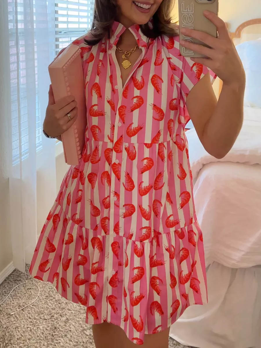 Flutter Sleeve Ruffled Collar Printed Dress