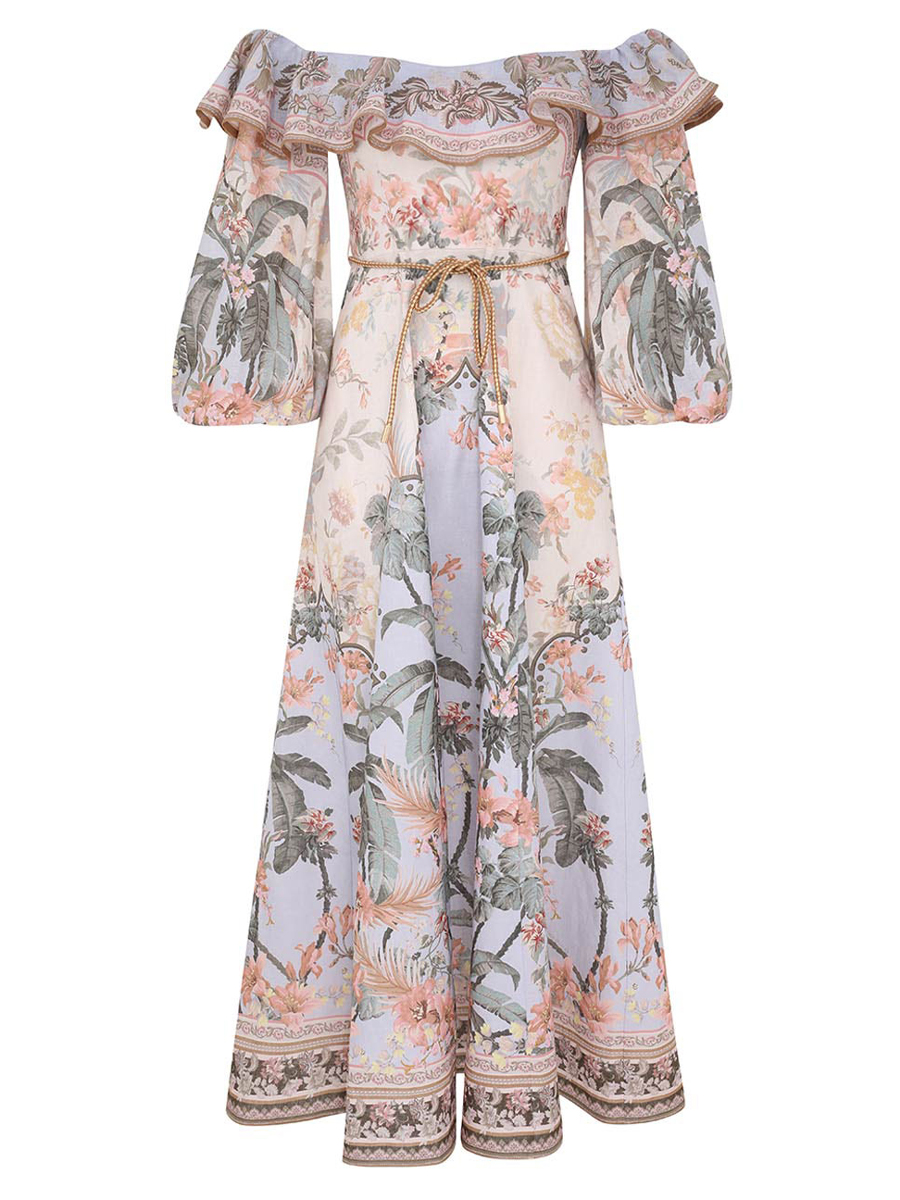 Off Shoulder Placement Print Lantern Sleeve Dress