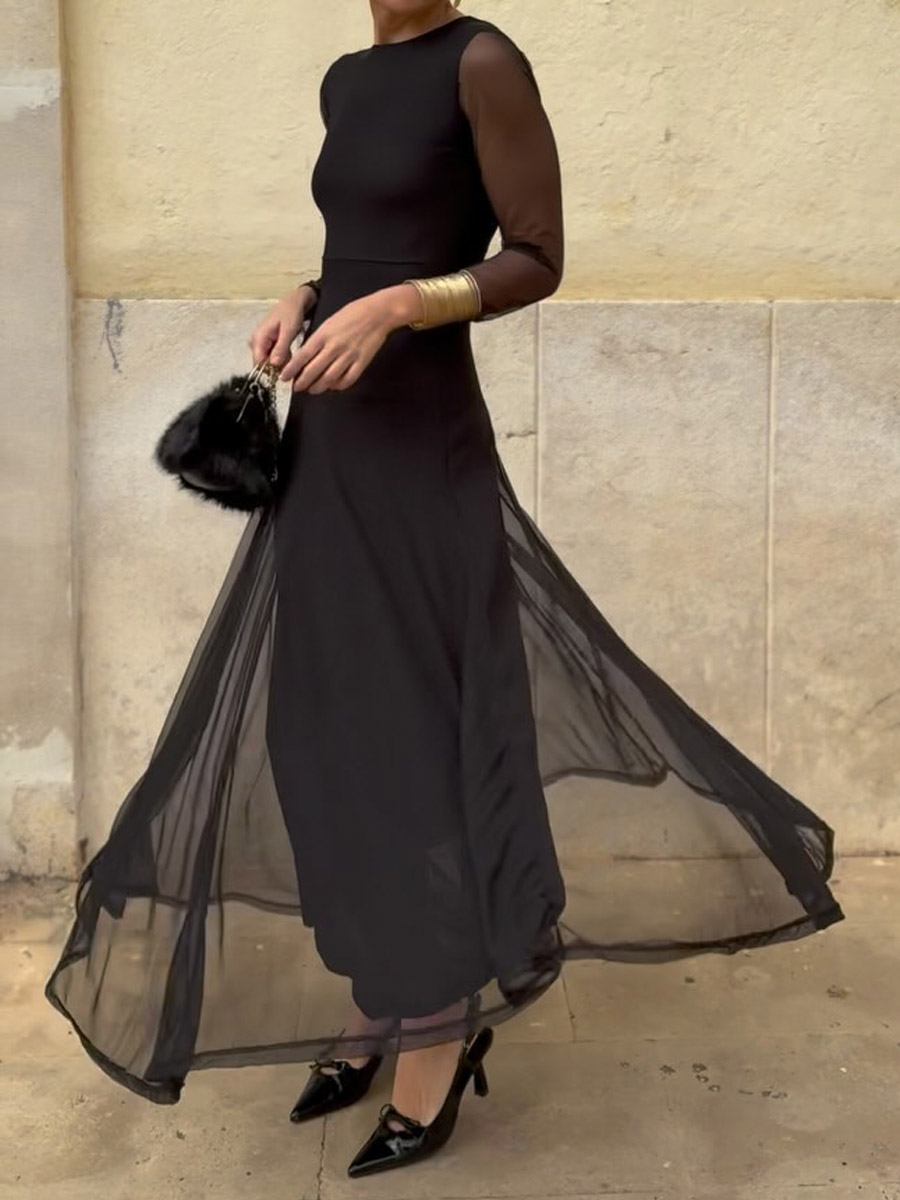 Mesh Patchwork Long Sleeve Maxi Dress