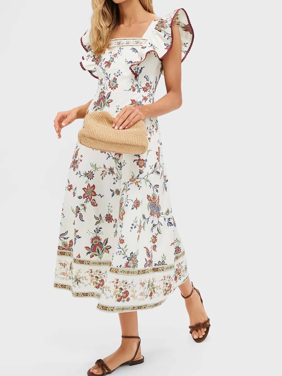 Flutter Sleeve Square Neck Printed Dress