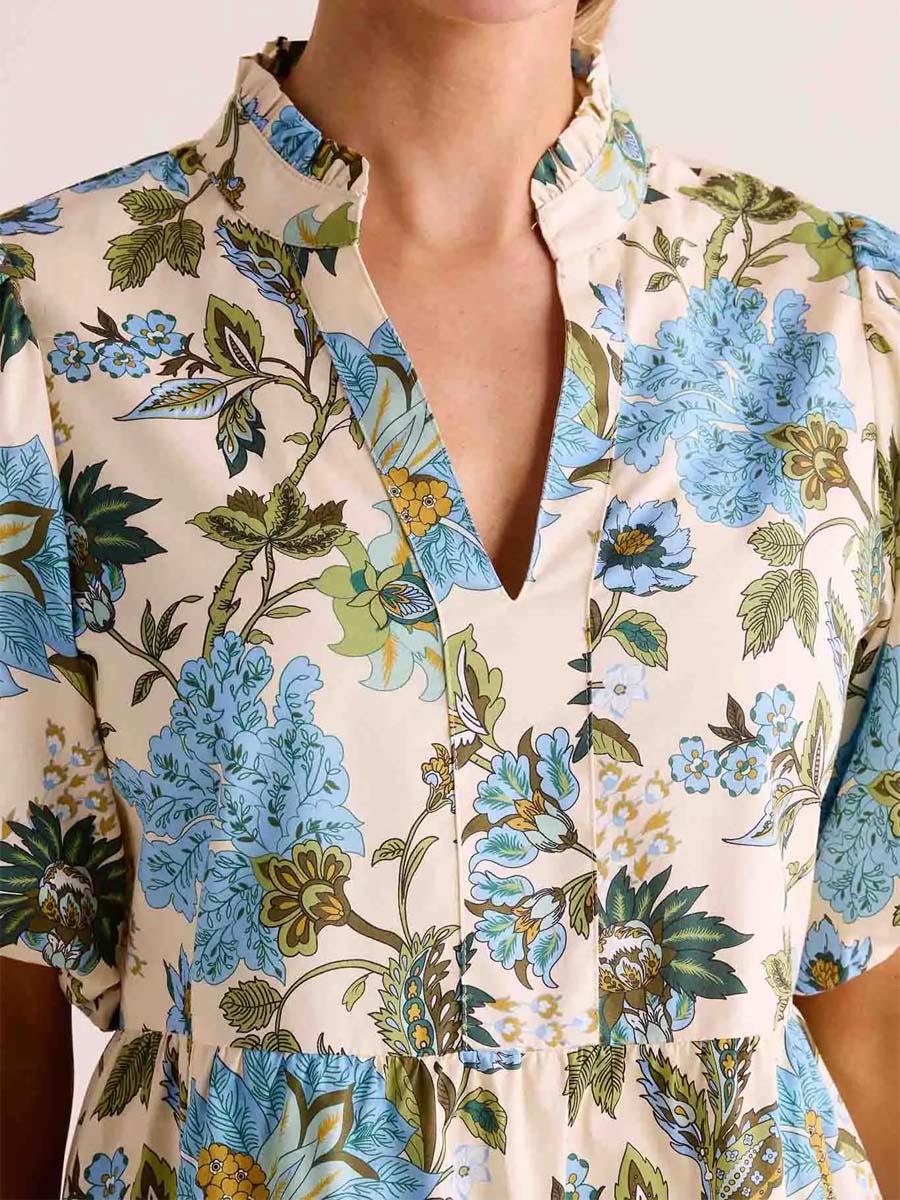 Floral Print Band Collar Flounce Hem Dress