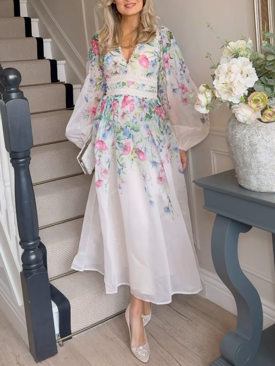 British Style Elegant Floral Lace Patchwork A Line Dresses
