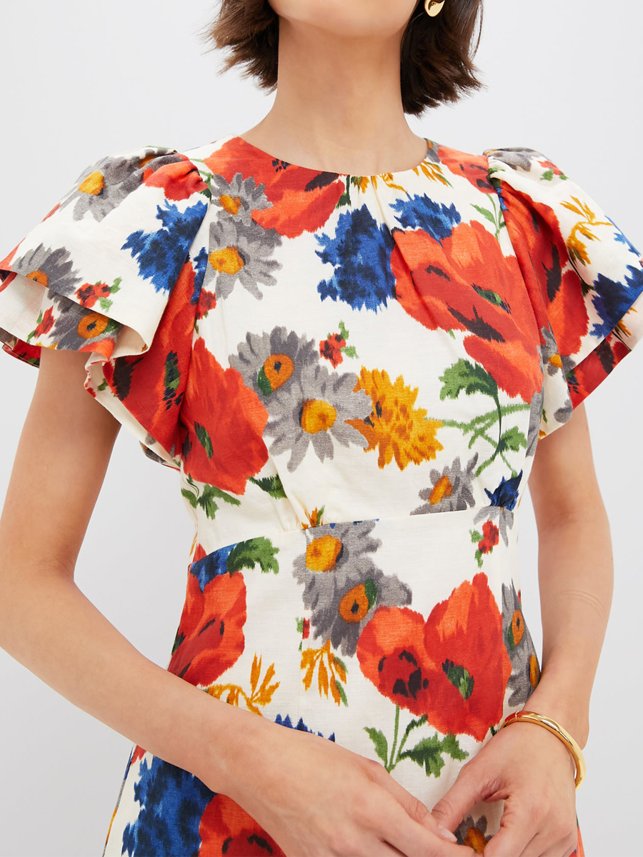 Printed Ruffled Sleeve High-low Hem Dress