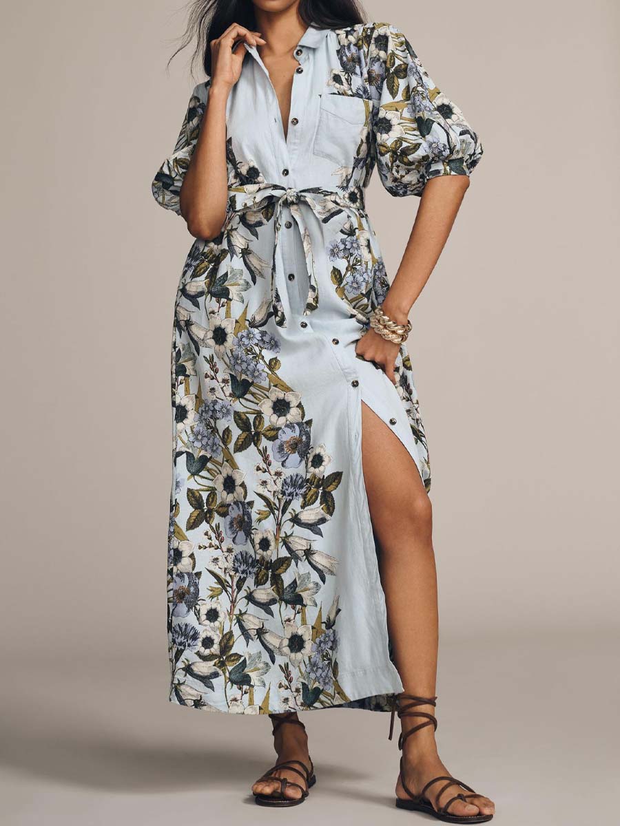 Printed Button Up Long Sleeve Maxi Dress
