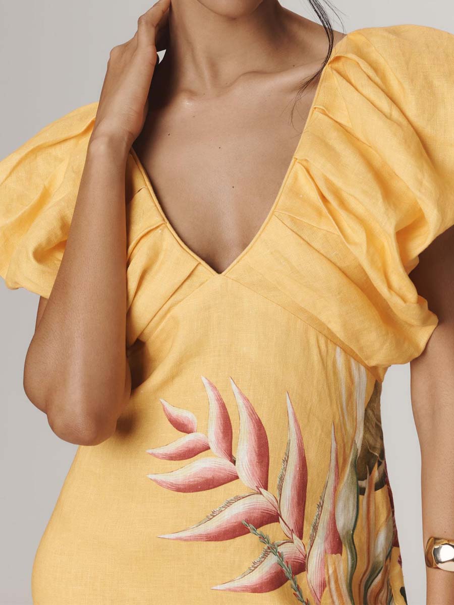 Printed V-neck Short Bubble Sleeve Dress