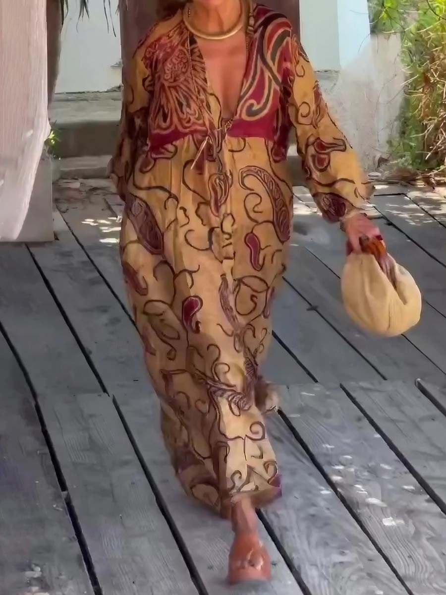 V-neck Fashion Printed Long Sleeve Loose Dress