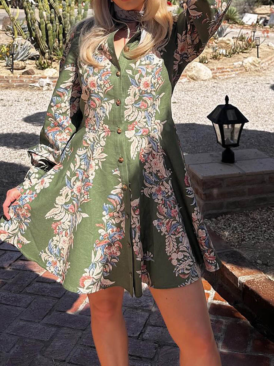 Floral Border Printed Balloon Sleeve Mini Dress